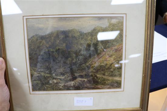 David Cox, watercolour, valley landscape, signed, 19 x 24cm and an unframed study of vines